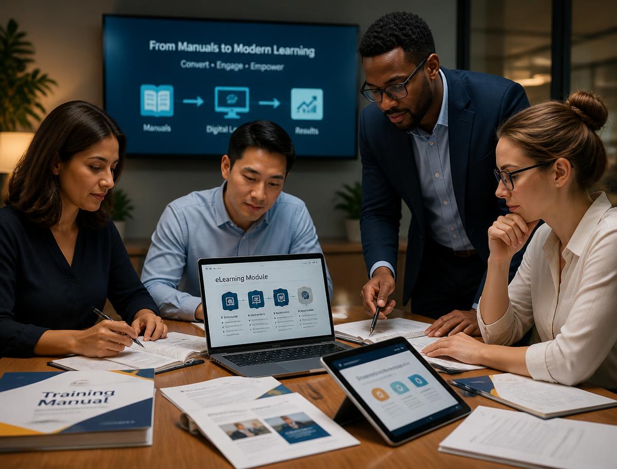 Team converting printed training manuals into modern digital eLearning modules