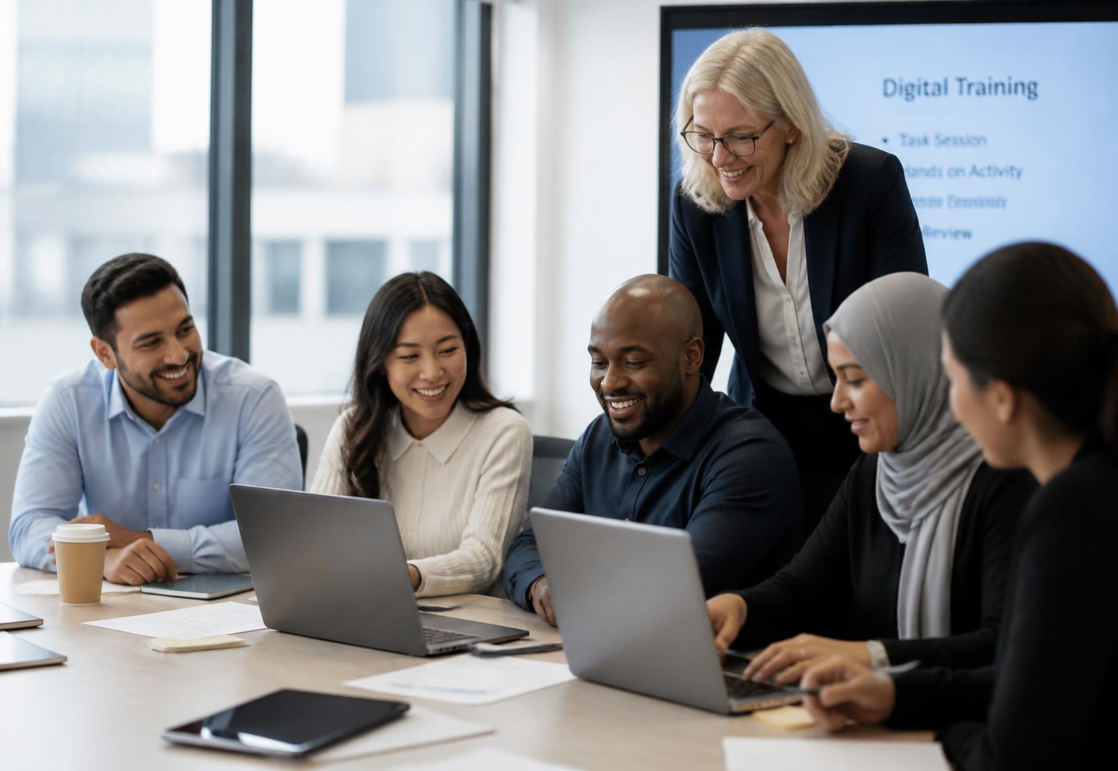 Team collaborating during a corporate digital training workshop